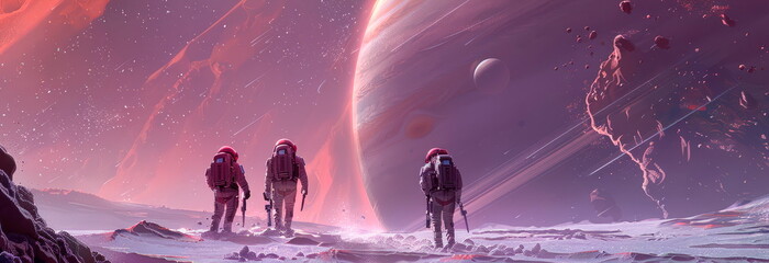 A group of tourists in spacesuits exploring the icy surface of Europa, one of Jupiter's moons