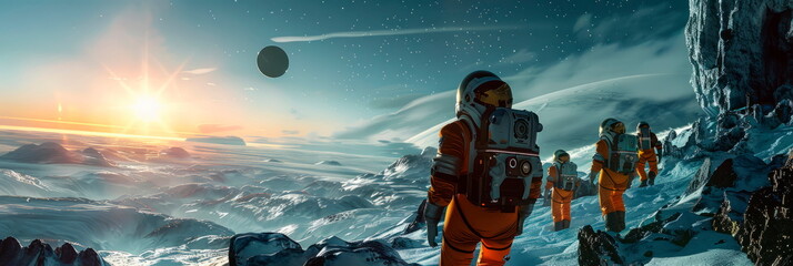 A group of tourists in spacesuits exploring the icy surface of Europa, one of Jupiter's moons