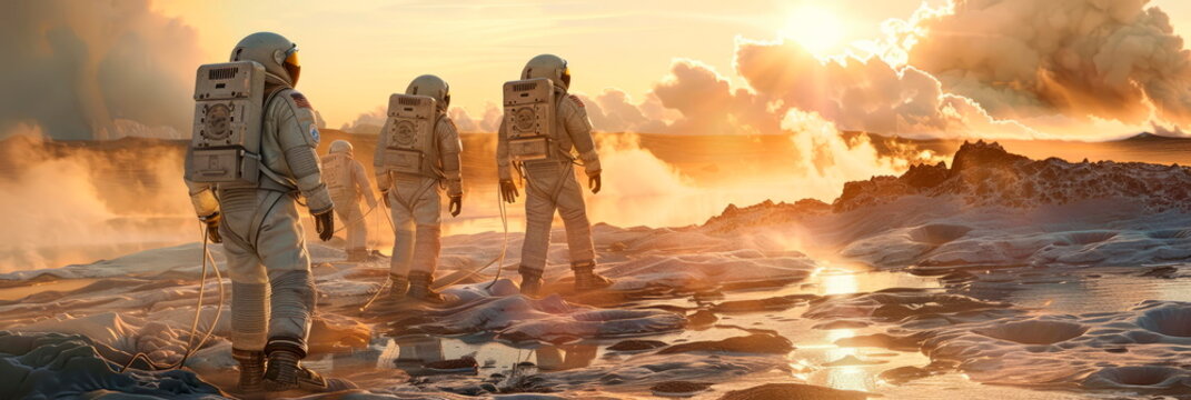 A group of tourists in spacesuits exploring the icy geysers of Enceladus, one of Saturn's moons.