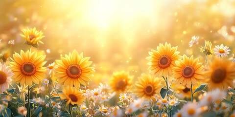 Field of sunflowers basking in the golden sun, creating a warm and cheerful atmosphere.