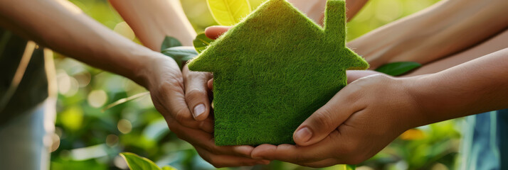 Hands building a green structure, like a sustainable house or garden, showcasing collaborative construction efforts.