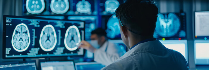 A doctor using a holographic interface to review a patient's brain scan results