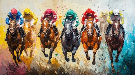 Six Horses in a Painting Racing Toward the Finish Line.