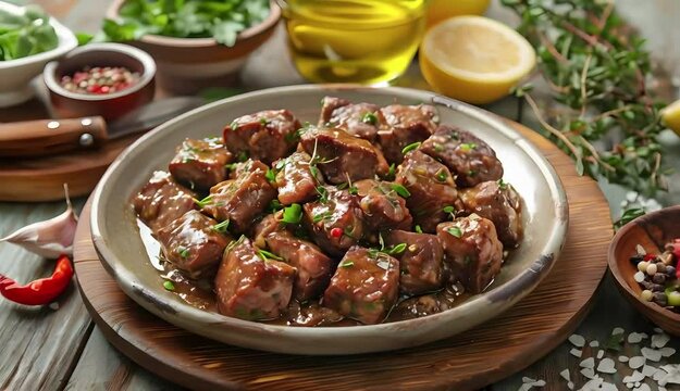 Plate of stroganoff on wooden table for gourmet meal.
