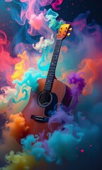 Obraz premium colorful guitar, mystical smoke, vibrant colors, gradient background, floating particles