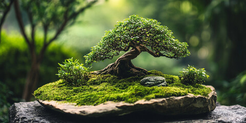 Artistic Bonsai Tree with Moss on Stone