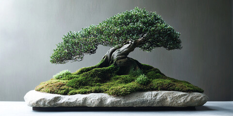 Artistic Bonsai Tree with Moss on Stone