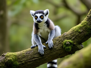 Fototapeta premium A ring-tailed lemur perched on a moss-covered branch in a lush forest setting during daylight hours