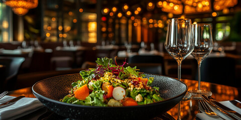 Gourmet Salad and Red Wine in Cozy Restaurant