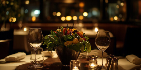 Gourmet Salad and Red Wine in Cozy Restaurant