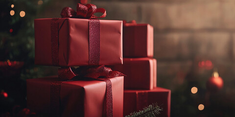 Stacked Red Gift Boxes with Ribbons