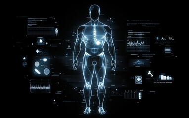 Digital human figure with illuminated blue lines surrounded by medical symbols.