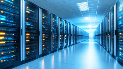 Data centers filled with rows and rows of servers as blinking light indicate constant processing, high detail, cinematic angle composition.