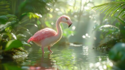 Fototapeta premium Majestic Ferret Flamingo Hybrid Standing in Tranquil Pond Amid Lush Greenery - 3D Concept Art