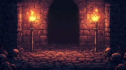 A dark and mysterious stone doorway, lit by flickering torches, with skulls at its base.