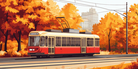 Vintage Tram in Autumn Forest