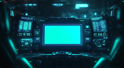 Obraz premium Futuristic UI with blank center screen on dark background, digital interface concept.