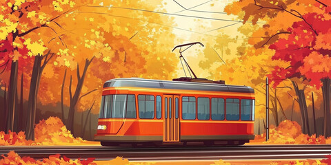 Vintage Tram in Autumn Forest