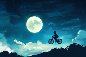 illustration with silhouette of boy on bike flying in sky on moonlit night