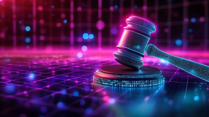 A digital gavel on a grid background with blue and pink lighting, representing the future of law.