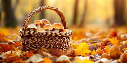 Basket of Fresh Mushrooms in Autumn Leaves