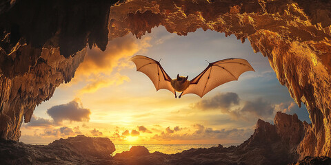  Bat Flying in Sunset from a Cave