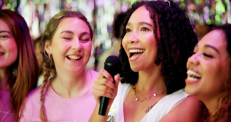 Bachelorette party, karaoke and singing with women at club for bride to be, wedding and night out. Music, bridal shower and hen do with people and microphone for social event, friends and happiness