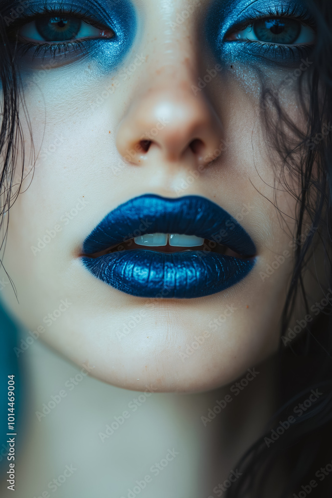 Poster A close up of a woman with blue makeup and blue lipstick