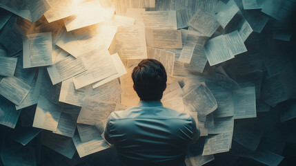 A manager looking at a pile of unopened mail, overwhelmed by tasks