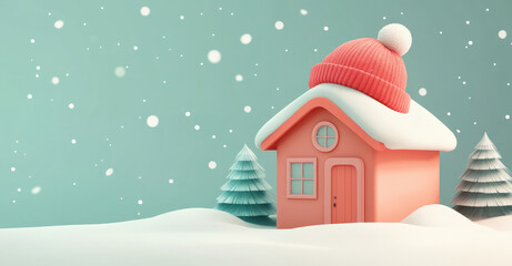 Naklejka premium A cute 3d style illustration of a house keeping warm in winter with a knitted hat