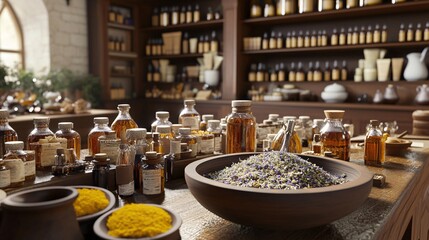 Fototapeta premium 3D Natural Healing Space with Dried Herbs and Bottles