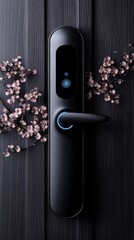 Sleek modern smart lock with glossy black finish on natural wood door