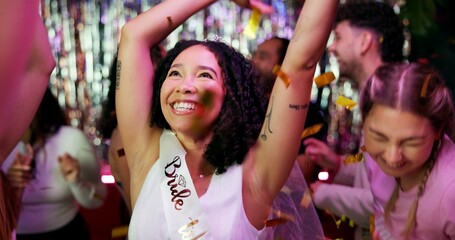 Bachelorette party, confetti and dance with women at club for bride to be, wedding and night out. Support, bridal shower and hen do with people for social event, celebration and happiness together