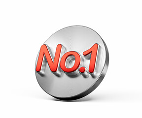 Vibrant Red Number One No.1 On A Metallic Silver Disc Icon On White Background 3D Illustration