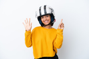 Woman with a motorcycle helmet counting six with fingers