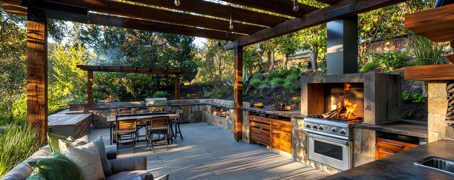 Outdoor kitchen under a modern pergola with a fireplace and wood-burning stove for stylish entertainment.