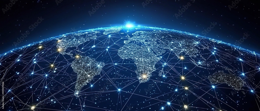 Poster a futuristic representation of a connected world with lines of code and glowing points of light acro
