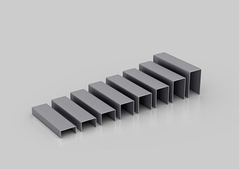 A Series Of Silver Metal Staple Pins Arranged In Parallel Rows On White Background 3D Illustration