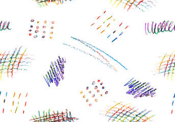 Seamless pattern of colorful naive playful shapes drawing by wax crayon pencil. Chalk scribbles in pastel colors. Children brush handdrawn doodles. Chalk drawn grunge vector texture
