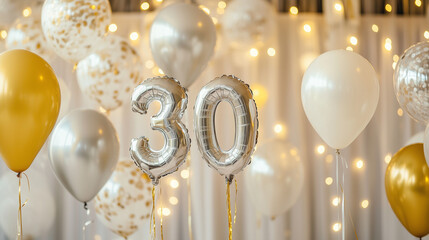 Silver 30th birthday balloons with gold and white decor