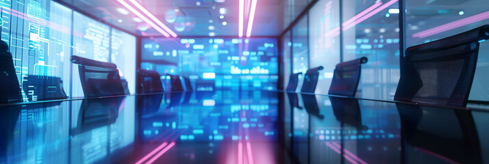 AI-enhanced boardroom with smart glass walls displaying real-time analytics and data