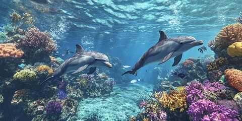 Obraz premium Two dolphins swimming through a vibrant coral reef, with various colorful fish and soft light filtering through the water.