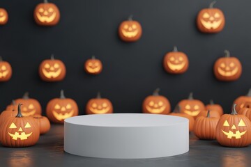 A spooky Halloween scene featuring glowing pumpkins surrounding a blank pedestal, perfect for seasonal displays and decorations