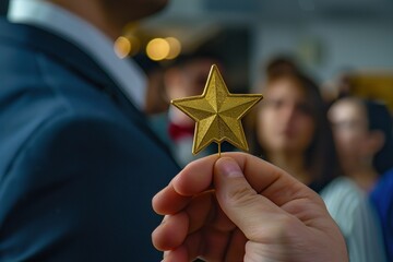 A person receiving a golden star pin on their lapel, symbolizing recognition for outstanding leadership, with a blurred background of colleagues.