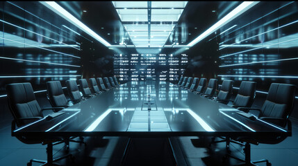 Futuristic AI-powered conference room with holographic displays and sleek, modern furniture