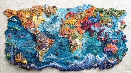 A colorful artistic representation of the Earth, surrounded by a collage of textures and patterns illustrating landscapes and oceans.