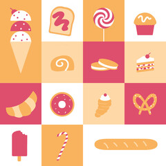 Flat art for all sweet tooth. All the bakeries, candies, ice cream and any other products that have sugar. Creating 