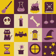 Cute Halloween art illustration. Witches vibes in purplish-yellowish colors.