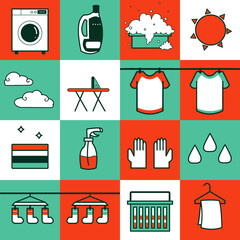 Laundry accessories are all here. Everything for washing, drying and cleaning in flat art illustration.