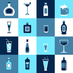 beverage flat art in cool tone color. Bartender drinks. Wines, Whisky, Beer, and etc.